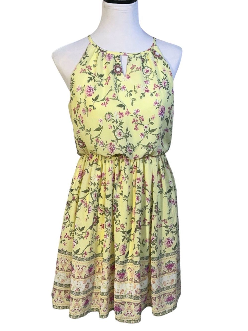 Blue Rain Sleeveless Halter Dress Keyhole Cutout Floral Chiffon Yellow Medium